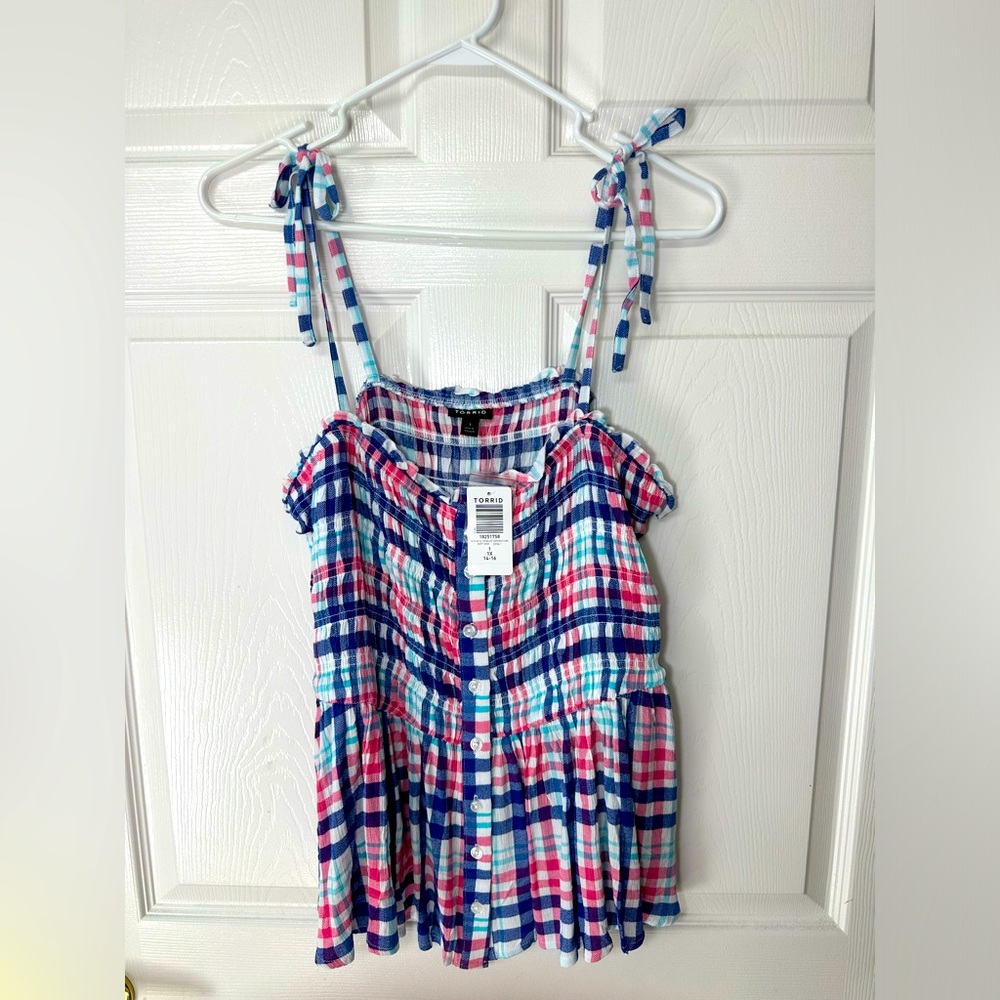 Torrid NWT Plaid Crinkle Gauze Peplum Smocked Bodice Cami Tank Top 1x 14 16